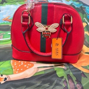 Alba Red Satchel with Pearl Bee Detail